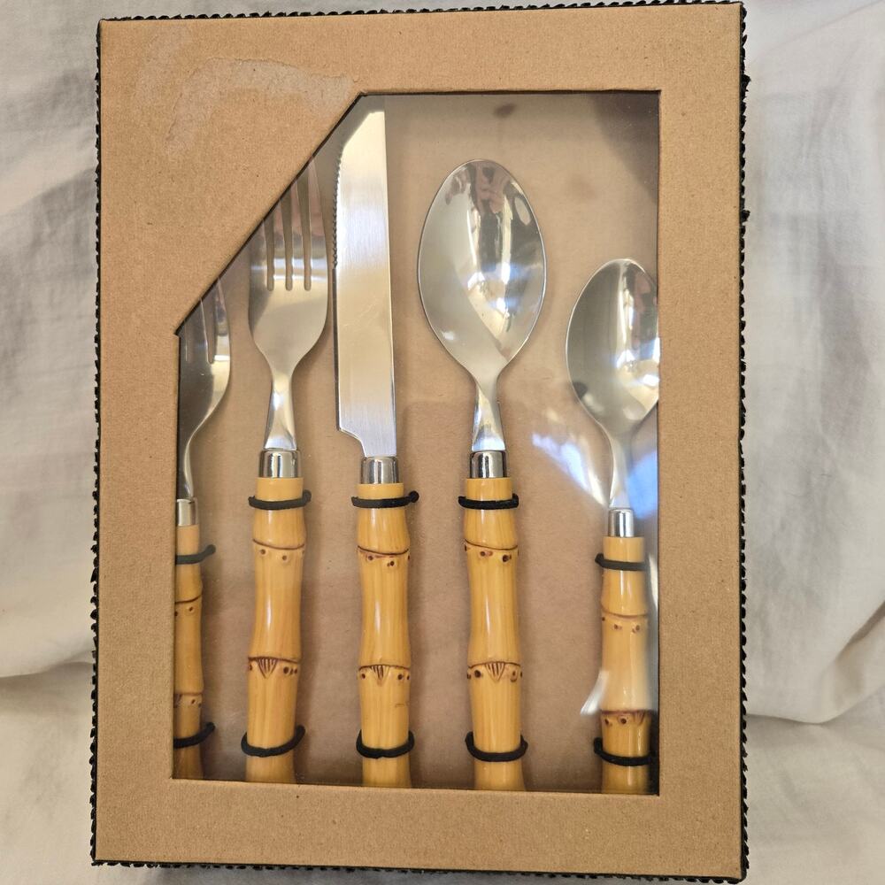 New Faux Bamboo Flatware Set of 20 Stainless Steel